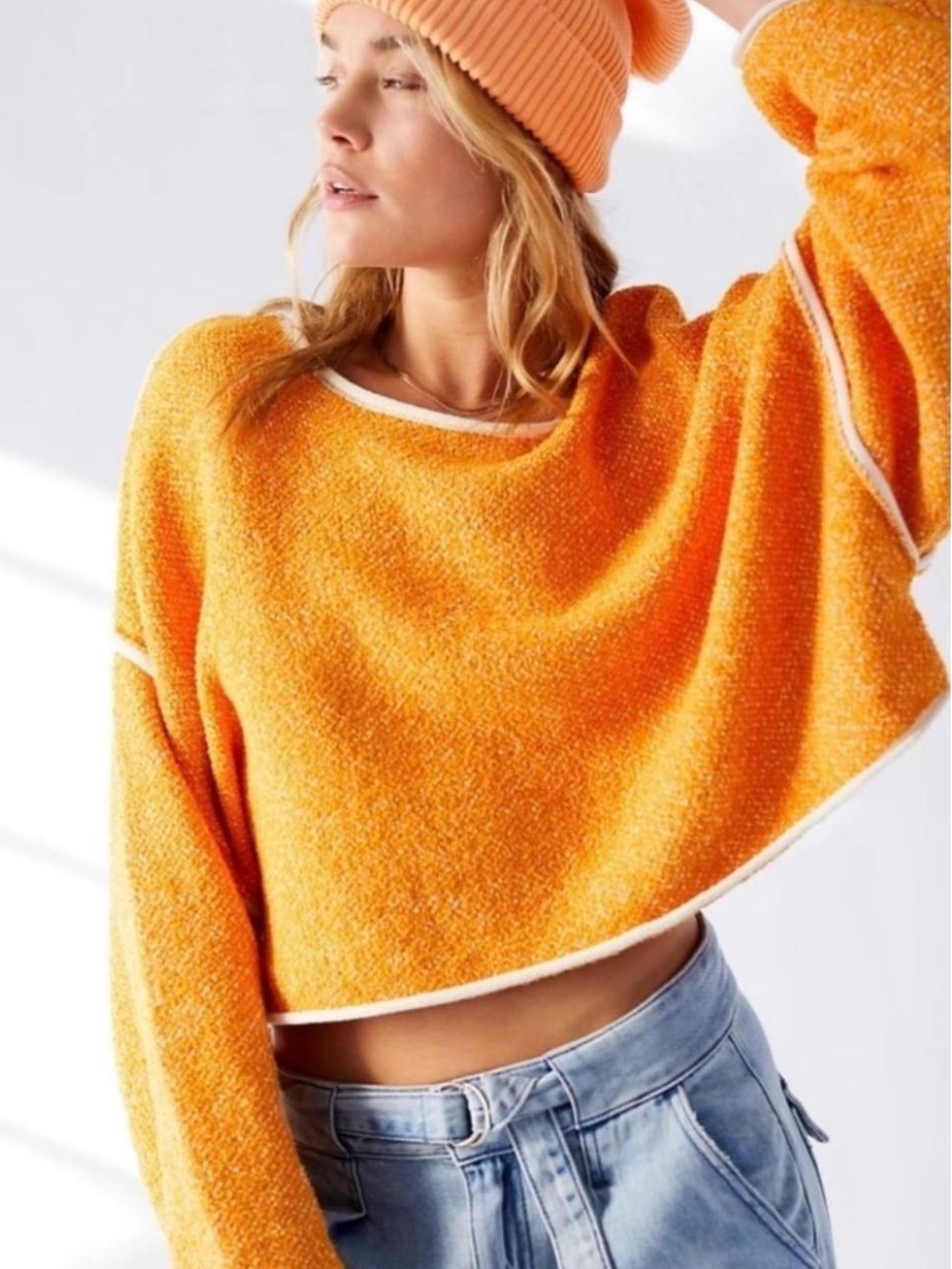 Free People Cropped Crewneck Sweater in Vibrant Orange with Contrast Trim
